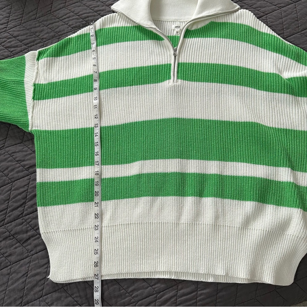 NWT Aerie Oversized Beyond Quarter Zip Sweater, Green and White Striped, Large - Picture 12 of 14